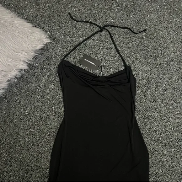 PRETTYLITTLETHING Black Slinky Halter-neck Cowl Neck Bodycon Mini Dress size 8 - Picture 11 of 16